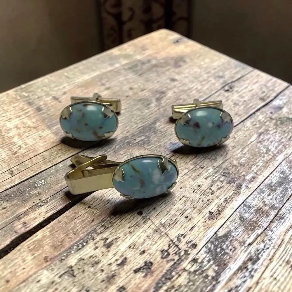 Vintage Sara Coventry Cuff Links And Tie Clip, NWOT,faux Gem Stone,Gold Tone